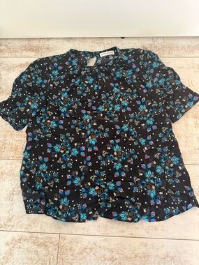 Altuzarra Black Floral Short-Sleeve Keyhole Blouse with Blue and Pink Accents
